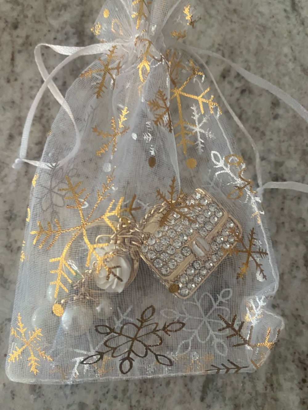 Gold Crystal Mini Purse bag charm Keychain with White Rose and Pearls NWOT - Picture 5 of 5